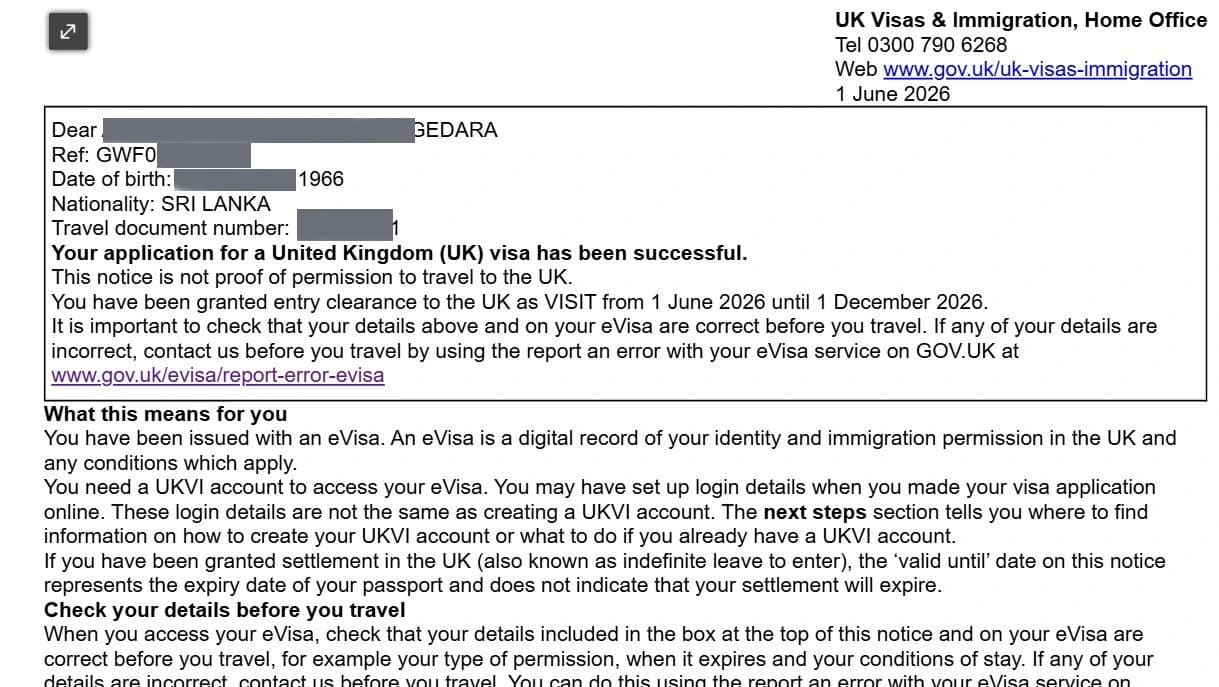 Approved visitor visitor visa clearance proof 15